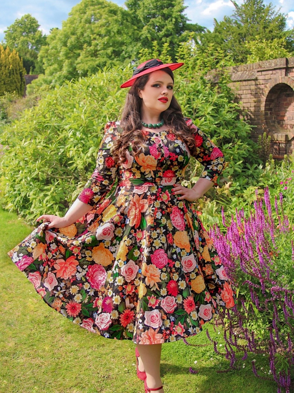 Floral Fit-and-Flare Midi Dress in Black with Multicolor Roses size 6xL